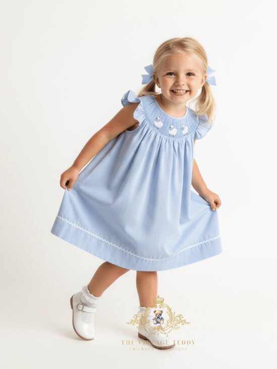 The Vintage Teddy Other - 🐑 NWT Pretty Girls Smocked Dress Embroidered Sheep Blue & White Boutique 5-6Y